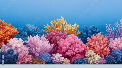 Dive into the vibrant world beneath the waves with illustrations of colorful coral reefs, schools of tropical fish, and the tranquil beauty of undersea landscapes. Clean and Clear Color, Realistic © DARIKA