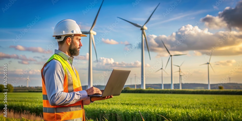 Engineer with Laptop in Wind Farm, Wind Turbine, Renewable Energy, Green Energy, Wind Power, , , , Engineer with Laptop in Wind Farm, Wind Turbine, Renewable Energy, Green Energy, Wind Power, , , ,