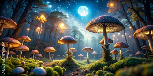 Enchanted Mushroom Forest Under Moonlight, Digital Art, Fantasy Landscape, Glow-in-the-Dark, Magical , mushrooms , forest , night , digital art © BrilliantPixels