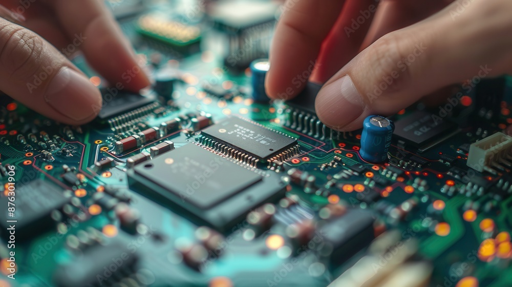 Close-up of hands assembling and working on a detailed electronic circuit board with various components and microchips. Close-up of hands assembling and working on a detailed electronic circuit board with various components and microchips.