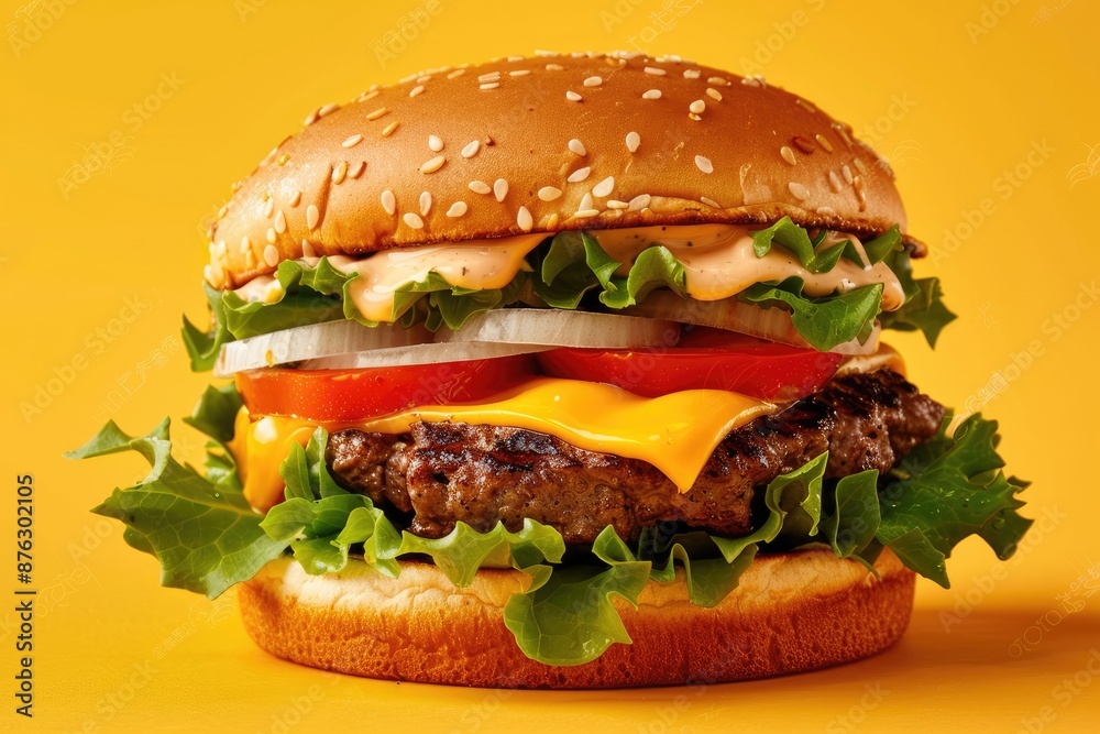 beef patty smash burger with lettuce leaves, tomato slice, red onion slice, yellow American cheese, mozzarella sauce, pickle, bun with sesame seeds isolated on bright yellow background beef patty smash burger with lettuce leaves, tomato slice, red onion slice, yellow American cheese, mozzarella sauce, pickle, bun with sesame seeds isolated on bright yellow background
