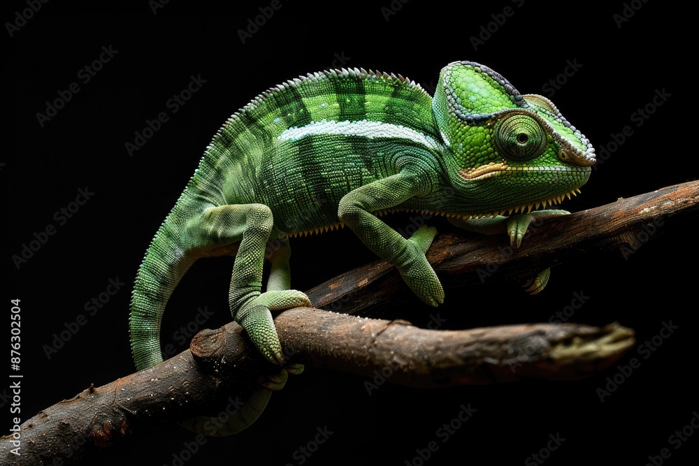 Green chameleon on a branch against an isolated black background Green chameleon on a branch against an isolated black background