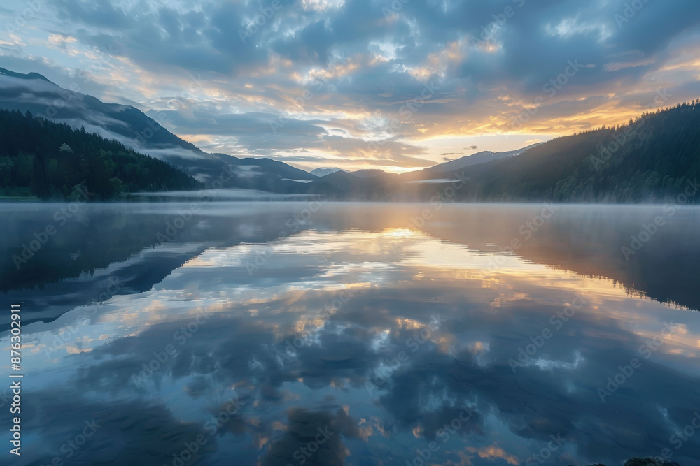 Obraz premium Serene Sunrise Over Misty Mountain Lake with Reflections 