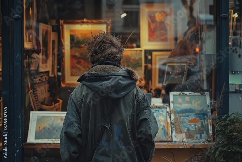 Man Admiring Art in a Gallery Window Display on a Cozy Street