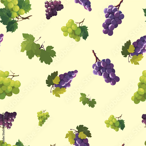 Seamless vector pattern with grape clusters and leaves, vineyard fruit design
