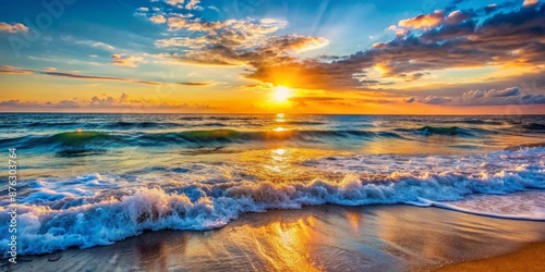 Golden Sunset Over Ocean Waves,  beach , ocean , sunset , waves