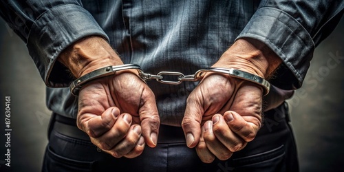 Handcuffed Man in a Grey Shirt, Close-up, Handcuffs, Justice, Arrest, Crime, Law Enforcement