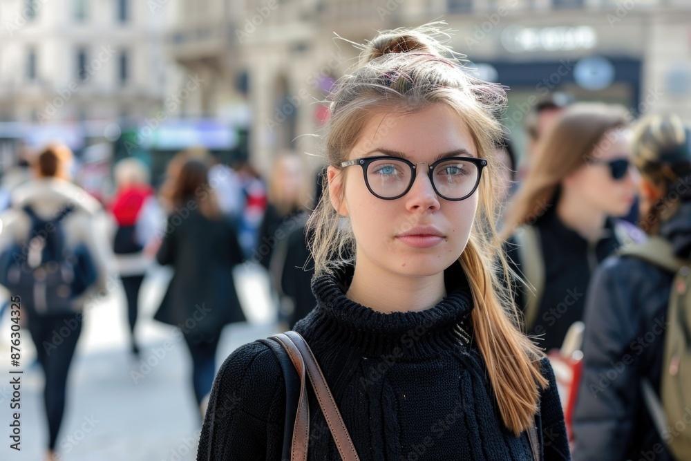 A young woman with glasses stands out against the blurred background of a bustling city street A young woman with glasses stands out against the blurred background of a bustling city street