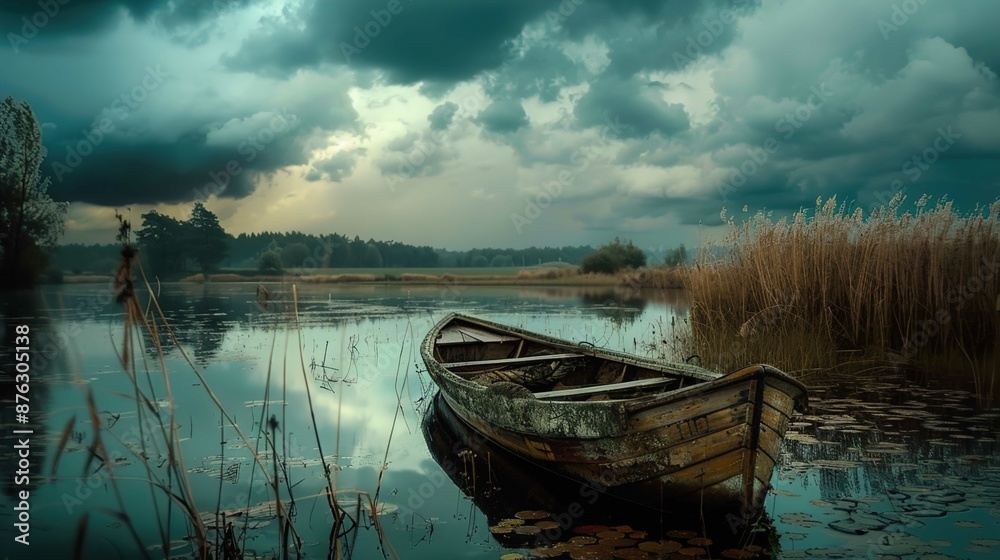 Fototapeta premium The image showcases an old, weathered wooden boat resting in shallow water near the edge of a tranquil lake. The boat is moss-covered with noticeable signs of decay. Surrounding the boat are tall reed