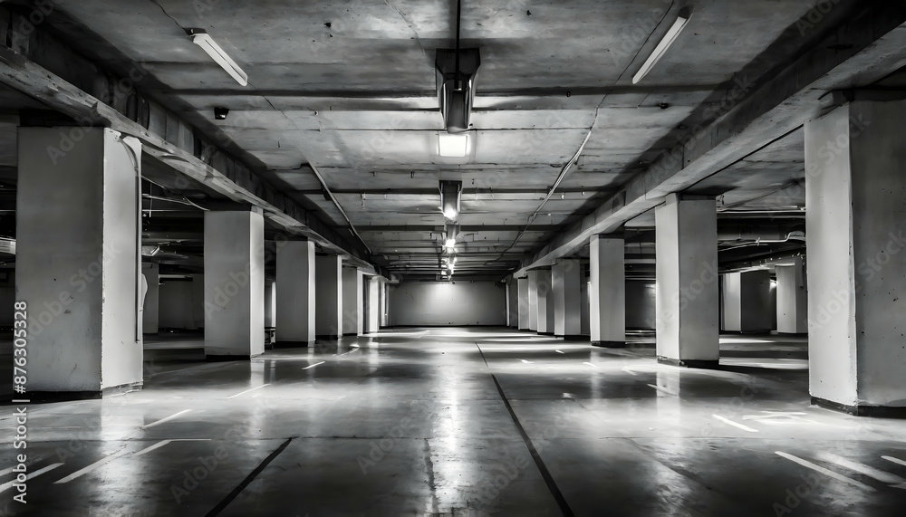  empty underground parking garage in black and white with overhead lights casting shadows