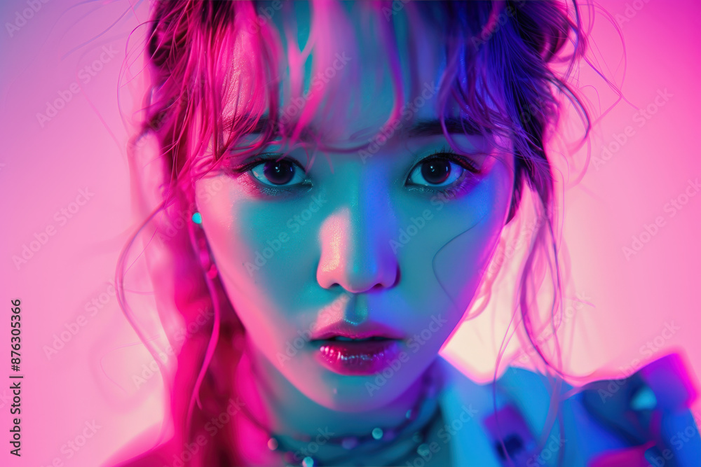 Close-up portrait of a young woman K-pop singer with pink hair illuminated by colorful neon lights Close-up portrait of a young woman K-pop singer with pink hair illuminated by colorful neon lights
