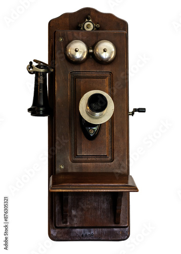Antique wall mounted crank telephone isolated on a clear background PNG