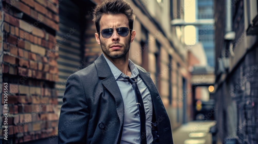A man wearing a suit and sunglasses stands in a city alley, looking intently towards the camera A man wearing a suit and sunglasses stands in a city alley, looking intently towards the camera
