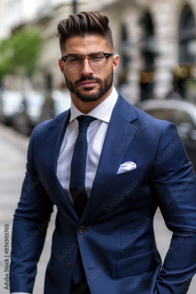 A man in a navy blue suit with a white shirt and dark tie stands with his hands in his pockets, looking directly at the camera with a confident expression A man in a navy blue suit with a white shirt and dark tie stands with his hands in his pockets, looking directly at the camera with a confident expression
