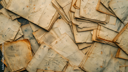 A chaotic pile of vintage documents, stained and weathered, evokes a sense of forgotten history and hidden stories.