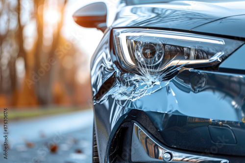 Close-up of a damaged car headlight with shattered glass, emphasizing the financial and safety implications of road accidents