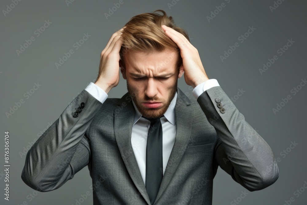 A businessman in a grey suit looks stressed and overwhelmed, clutching his head in his hands A businessman in a grey suit looks stressed and overwhelmed, clutching his head in his hands