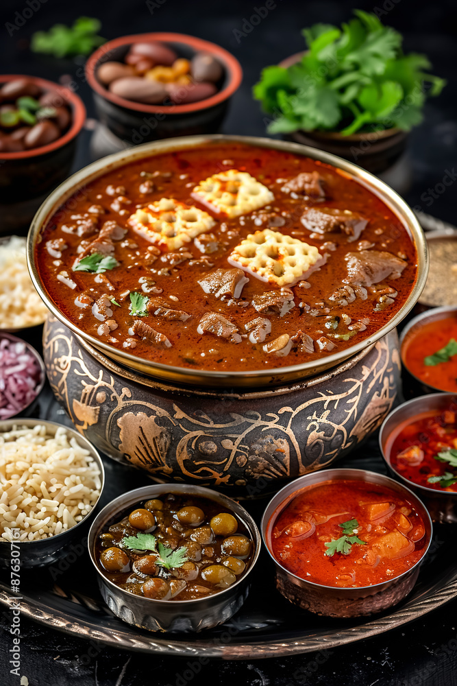 A staple of Sri Lankan cuisine, rice and curry consists of rice served with meat, fish or vegetable curry. Ready dish and ingredients for cooking in beautiful pots and bowls.