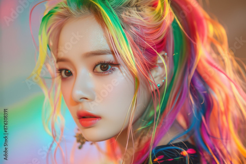 Young woman with bright rainbow hair and makeup is posing in a studio setting, k-pop singer,