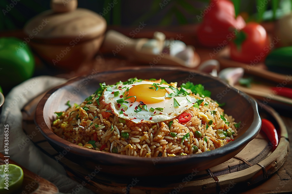 Indonesian Nasi Goreng fried rice with egg, food photography Indonesian Nasi Goreng fried rice with egg, food photography