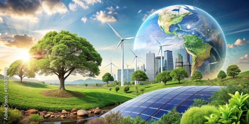 Sustainable Cityscape Earth Globe, Wind Turbines, Solar Panels, Green Landscape, City Buildings,  Green Energy, Renewable Energy, Sustainability, Environment,  Climate Change
