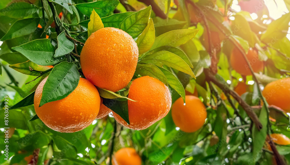 Ripe orange fruits on orange tree between lush foliage