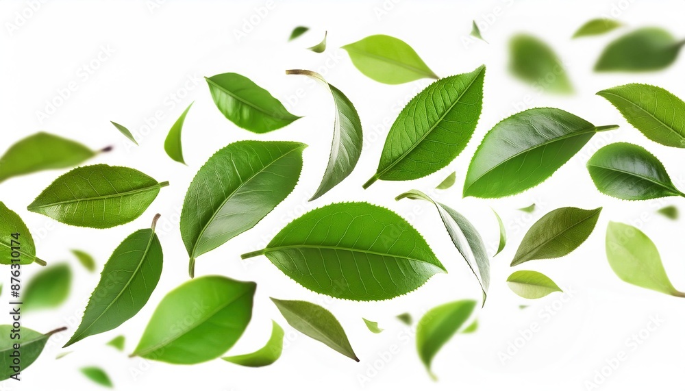 Green Leaves in Motion on White Background Green Leaves in Motion on White Background