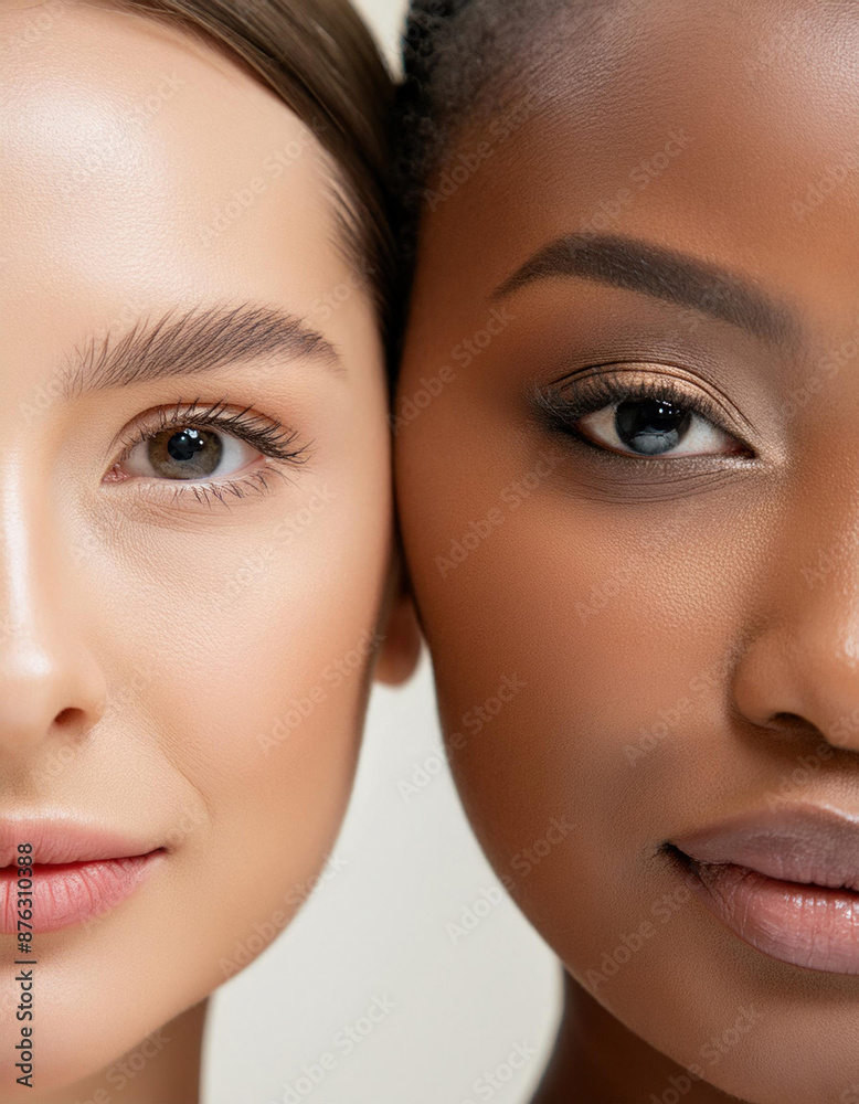 A close-up shot of two females with pale and dark skin tones, heads touching, looking directly into the camera. Their expressions convey unity and highlight the beauty of diversity. A close-up shot of two females with pale and dark skin tones, heads touching, looking directly into the camera. Their expressions convey unity and highlight the beauty of diversity.