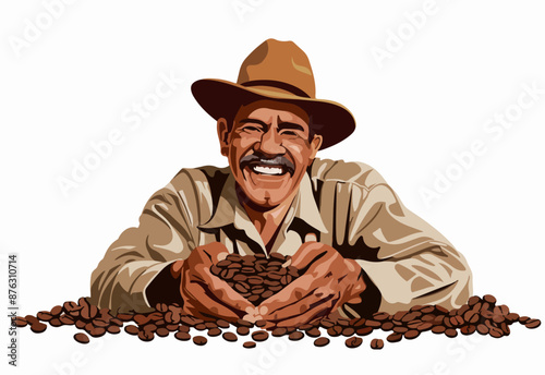 Vektorillustration eines lächelnden Kaffeebauern mit Strohhut und gerösteten Kaffeebohnen.
