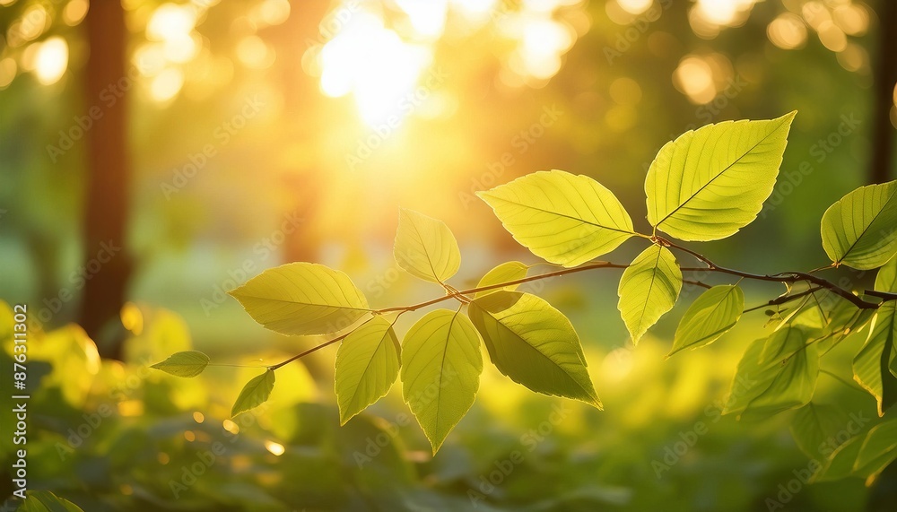 Obraz premium Radiant Sunrise Through Green Leaves in Forest