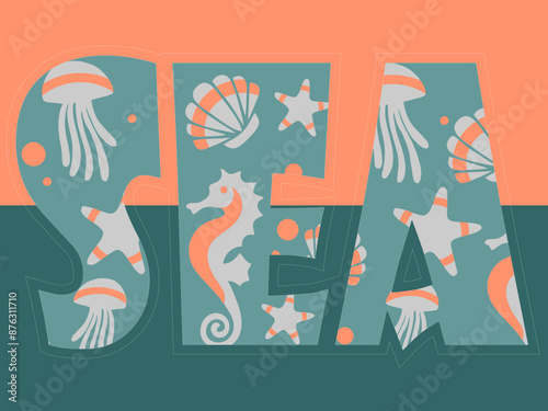 Sea - inscription, font. Fonts with sea creatures. Vector.