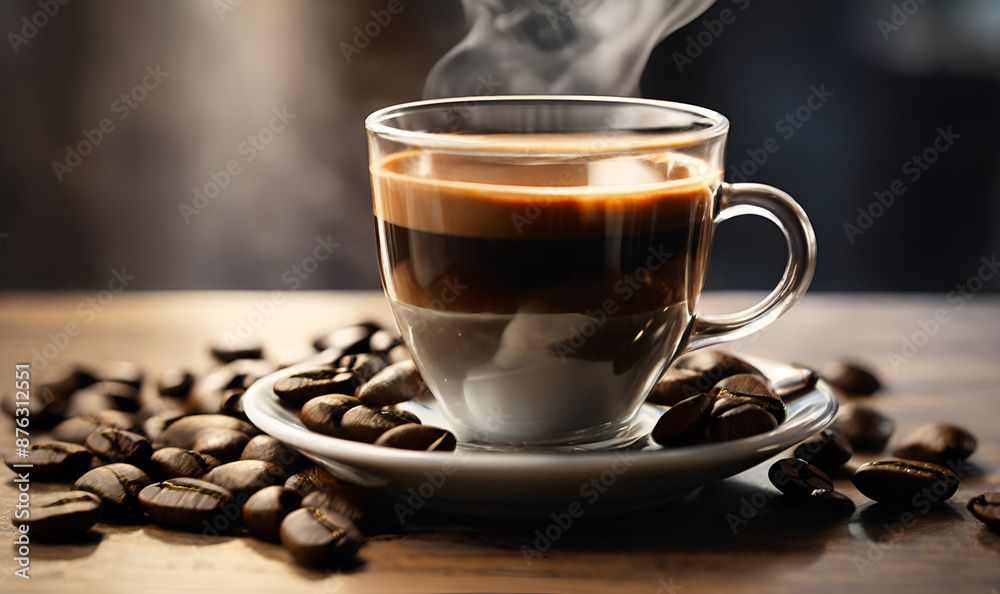 A cup of hot coffee on the table, coffee beans scattered nearby. A cup of hot coffee on the table, coffee beans scattered nearby.