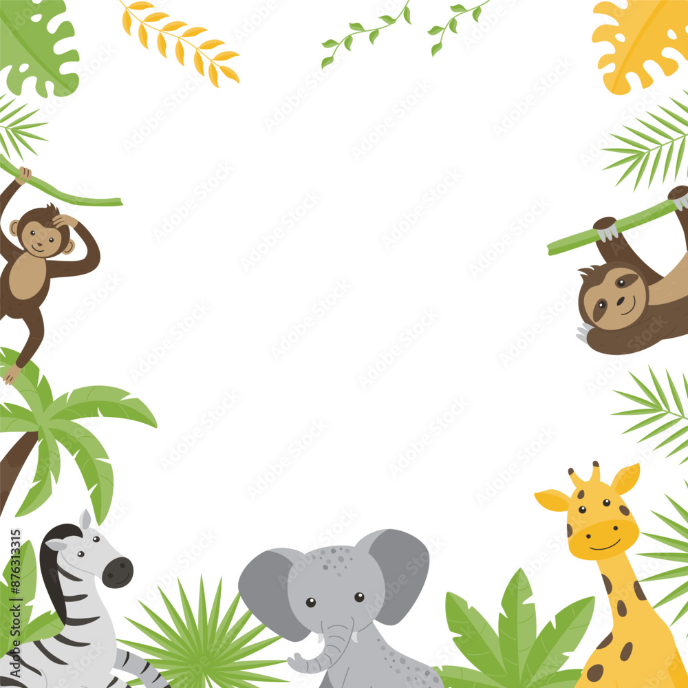 Obraz premium Children's square empty frame with the image of wild jungle animals.