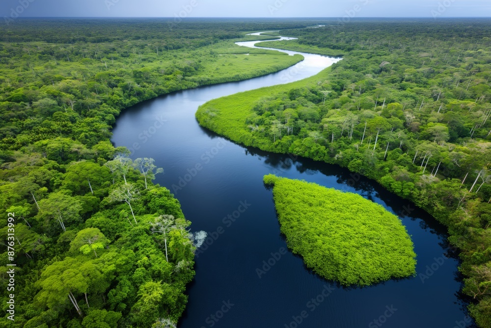 Aerial View of Lush Green Rainforest with Serpentine River Flowing Through Dense Foliage Aerial View of Lush Green Rainforest with Serpentine River Flowing Through Dense Foliage