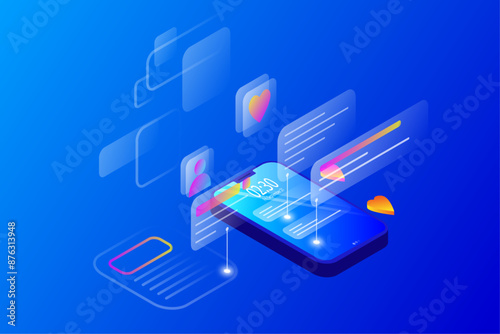 Isometric Mobile Interface UX Elements Floating in Digital Blue Space
