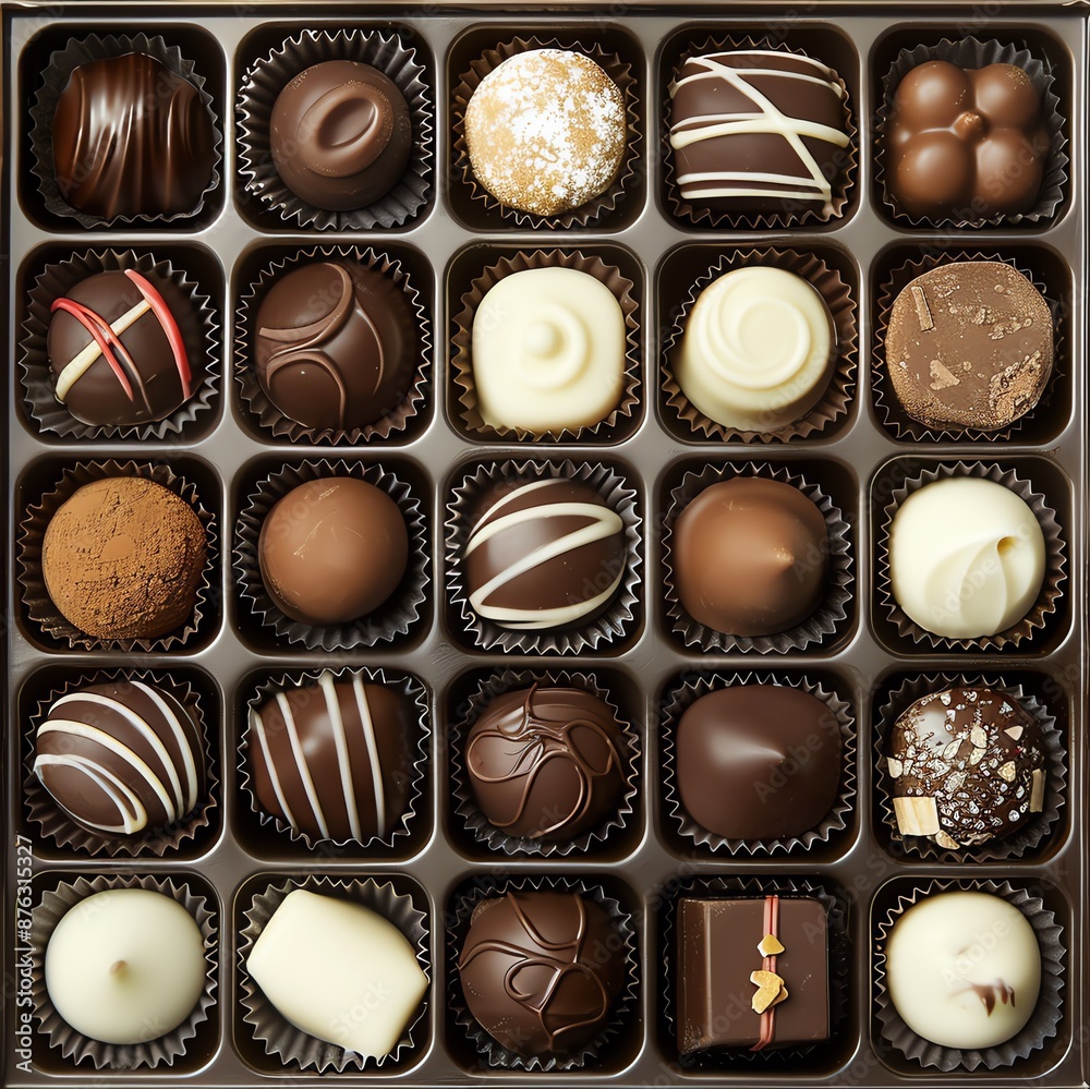 A box of assorted chocolates, dark, white and milk chocolate with exotic flavors. A box of assorted chocolates, dark, white and milk chocolate with exotic flavors.