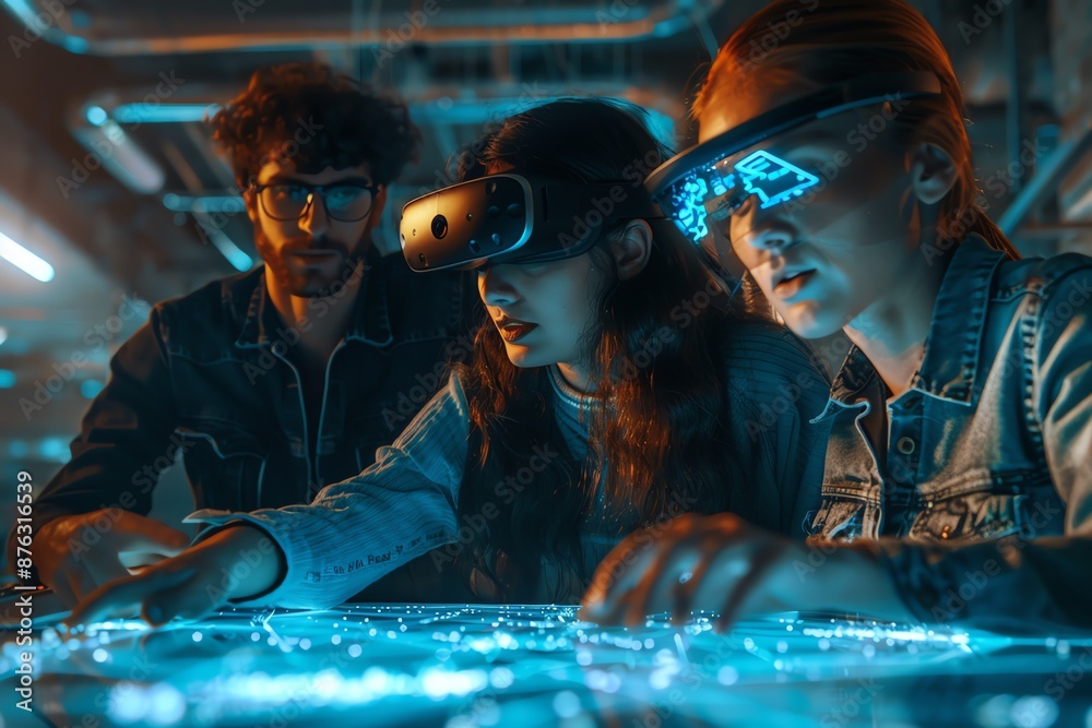 Fototapeta premium Three young adults collaborate on a project using VR technology, their expressions focused and engaged.