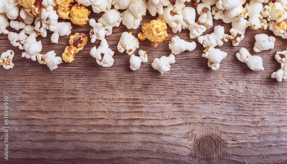 Popcorn on wooden table. Tasty fast food. Delicious snack. Top view. Space for your text. Popcorn on wooden table. Tasty fast food. Delicious snack. Top view. Space for your text.
