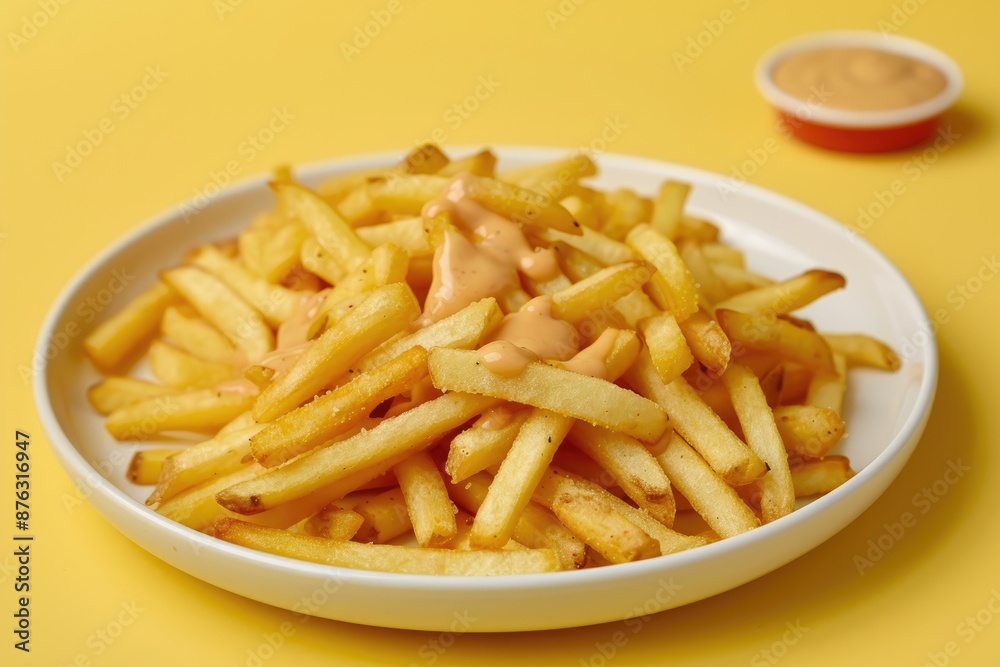 plate full with potato chips on yellow background plate full with potato chips on yellow background