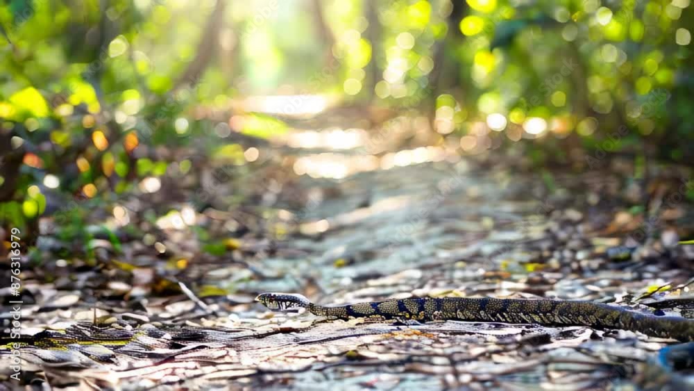 Snake slithers on forest path surrounded by foliage Snake slithers on forest path surrounded by foliage