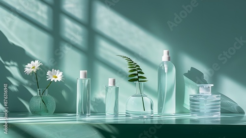 skincare products set up against an empty wall, natural ingredients, ads mockup   