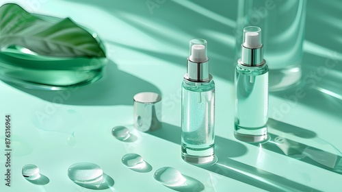 minimal design skincare products, clear bottles, studio lighting 