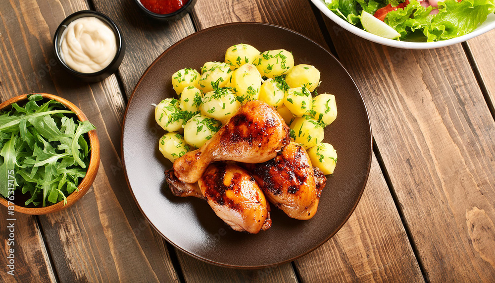 Delicious Plate of BBQ Chicken and cook Potato Salad on a Wooden Table Shot from Above Delicious Plate of BBQ Chicken and cook Potato Salad on a Wooden Table Shot from Above