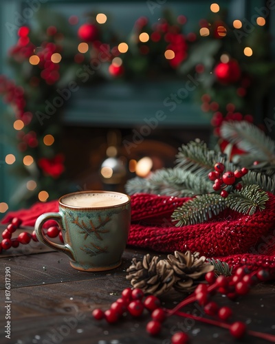 Cozy Christmas scene with a warm drink, pine branches, and red berries. © Digi A