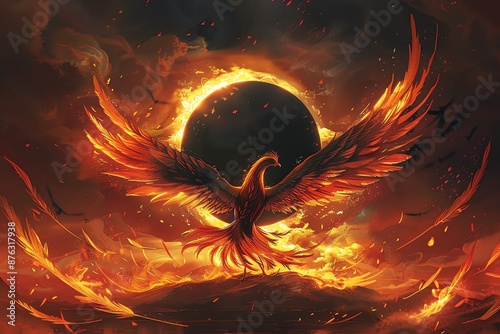 A majestic phoenix soars from a fiery sphere, its wings outstretched against a blazing background.