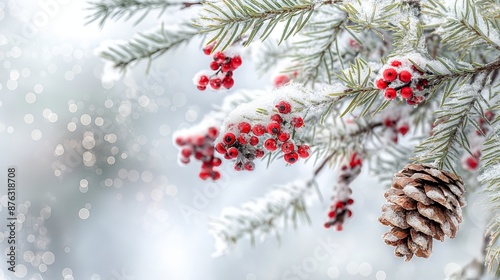 A branch of a tree covered in snow and red berries. Christmas background