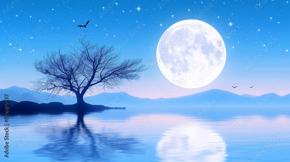 Serene Lakeside with Full Moon Reflecting on Water. Tranquil Night Landscape with Starry Sky
