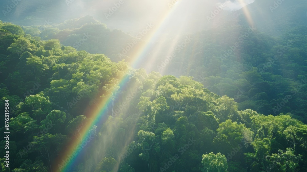 A stunning rainbow stretching across a dense forest with flat ground, under a bright, sunny sky, ideal for outdoor adventure and travel promotions A stunning rainbow stretching across a dense forest with flat ground, under a bright, sunny sky, ideal for outdoor adventure and travel promotions