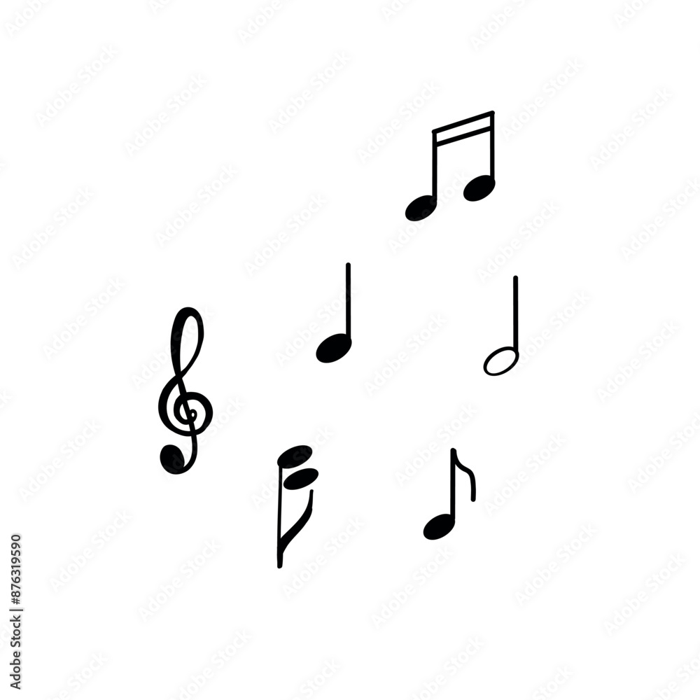 Sheet music, treble clef. All objects are drawn in vector in black on a white background. Suitable for printing on posters, invitations, cards, and for design. Sheet music, treble clef. All objects are drawn in vector in black on a white background. Suitable for printing on posters, invitations, cards, and for design.