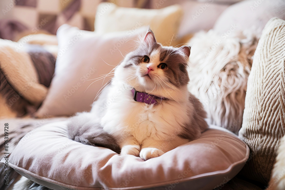 Charming and cozy photo of a white and gray fluffy cat with a violet collar sitting on a cushion in a warm room Charming and cozy photo of a white and gray fluffy cat with a violet collar sitting on a cushion in a warm room